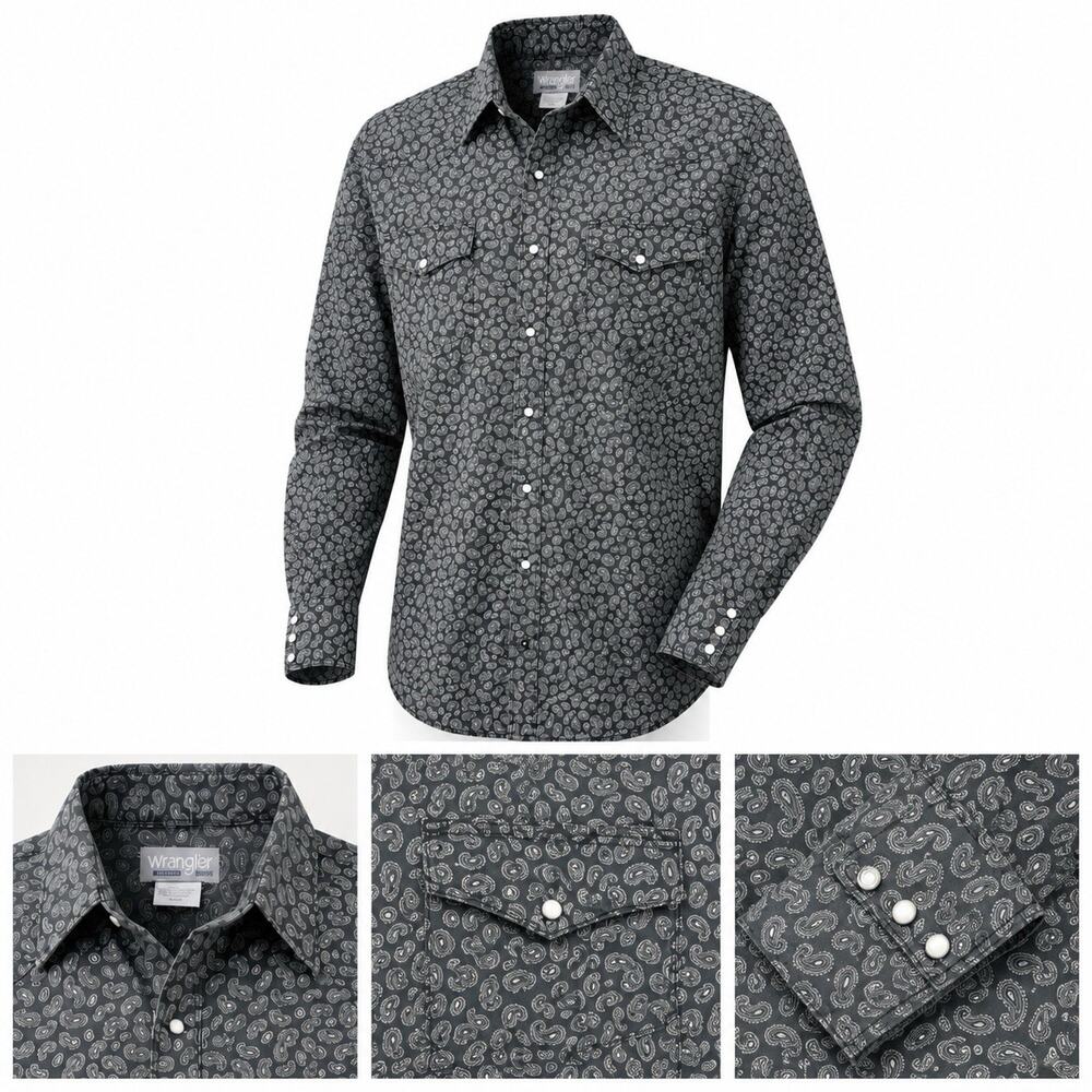 Wrangler Vintage Mens 2XLT Paisley Pearl Snap Western Shirt Gray Long Sleeve